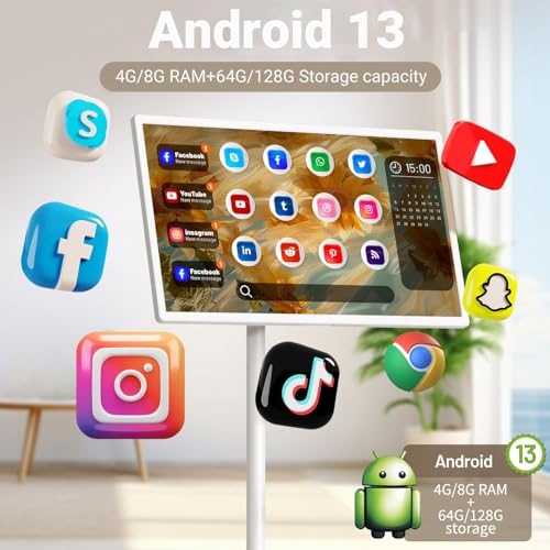 32" Wireless Smart Portable TV, Android 12/13, 4K Touchscreen Monitor, 8+128GB, 5-8H Battery, 360° Rotation, 1080P/4K for Home, Office, Classroom