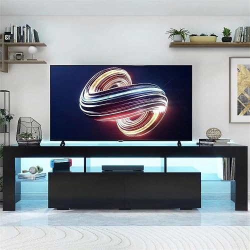 CFTEL 60-75 Inch Gloss Wood TV Stand with LED Storage