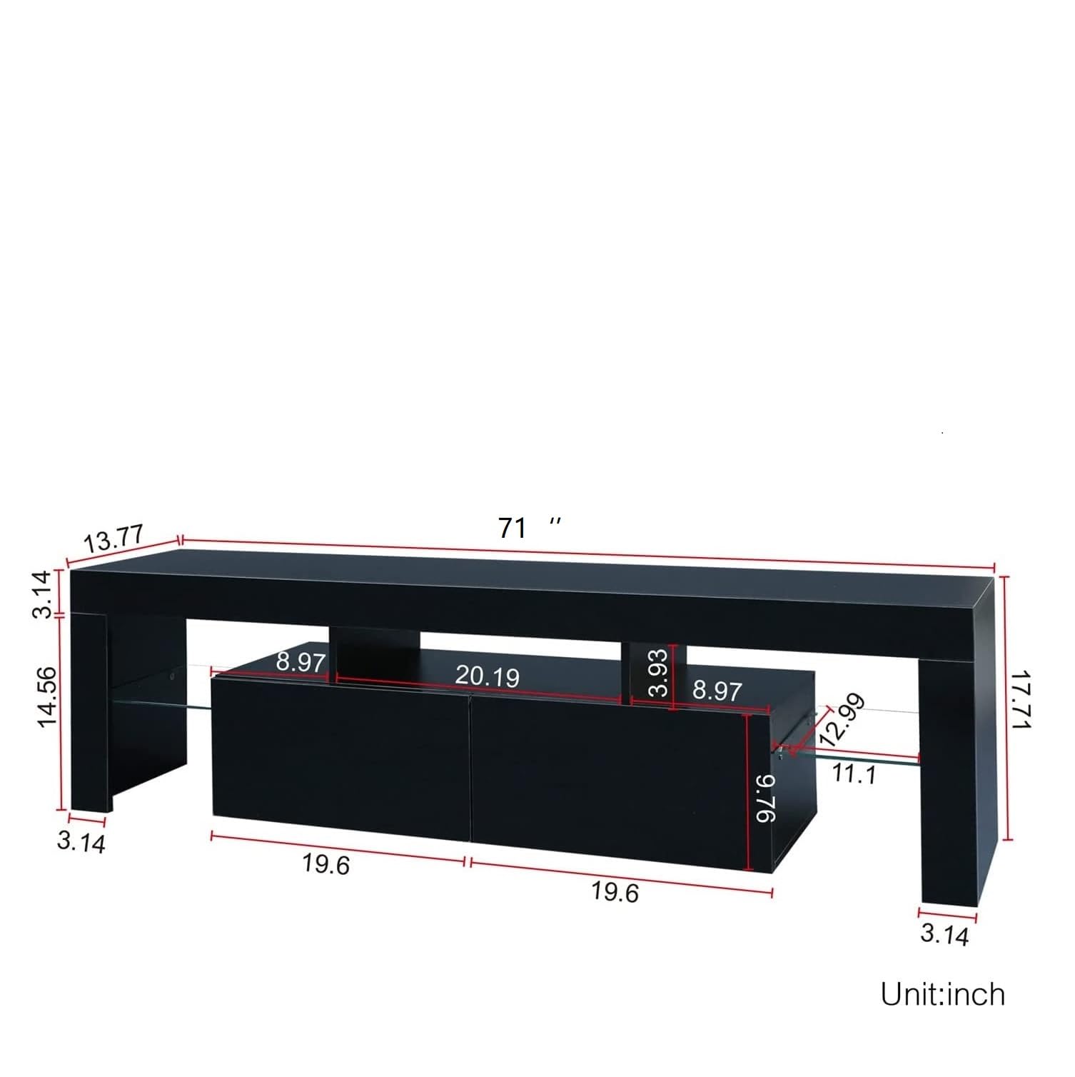 CFTEL 60-75 Inch Gloss Wood TV Stand with LED Storage