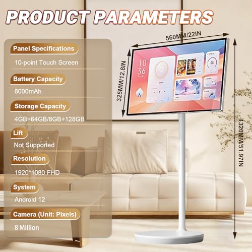 32" Wireless Smart Portable TV, Android 12/13, 4K Touchscreen Monitor, 8+128GB, 5-8H Battery, 360° Rotation, 1080P/4K for Home, Office, Classroom