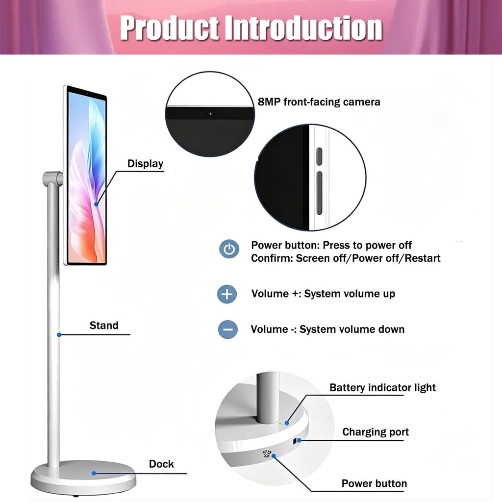 32" Smart Portable Tablet TV on Wheels, 1080P Touchscreen Monitor, Android OS, 4K Camera, Full Swivel Rolling Stand, Built-in Battery, Ideal for Home & Office (8GB+128GB)