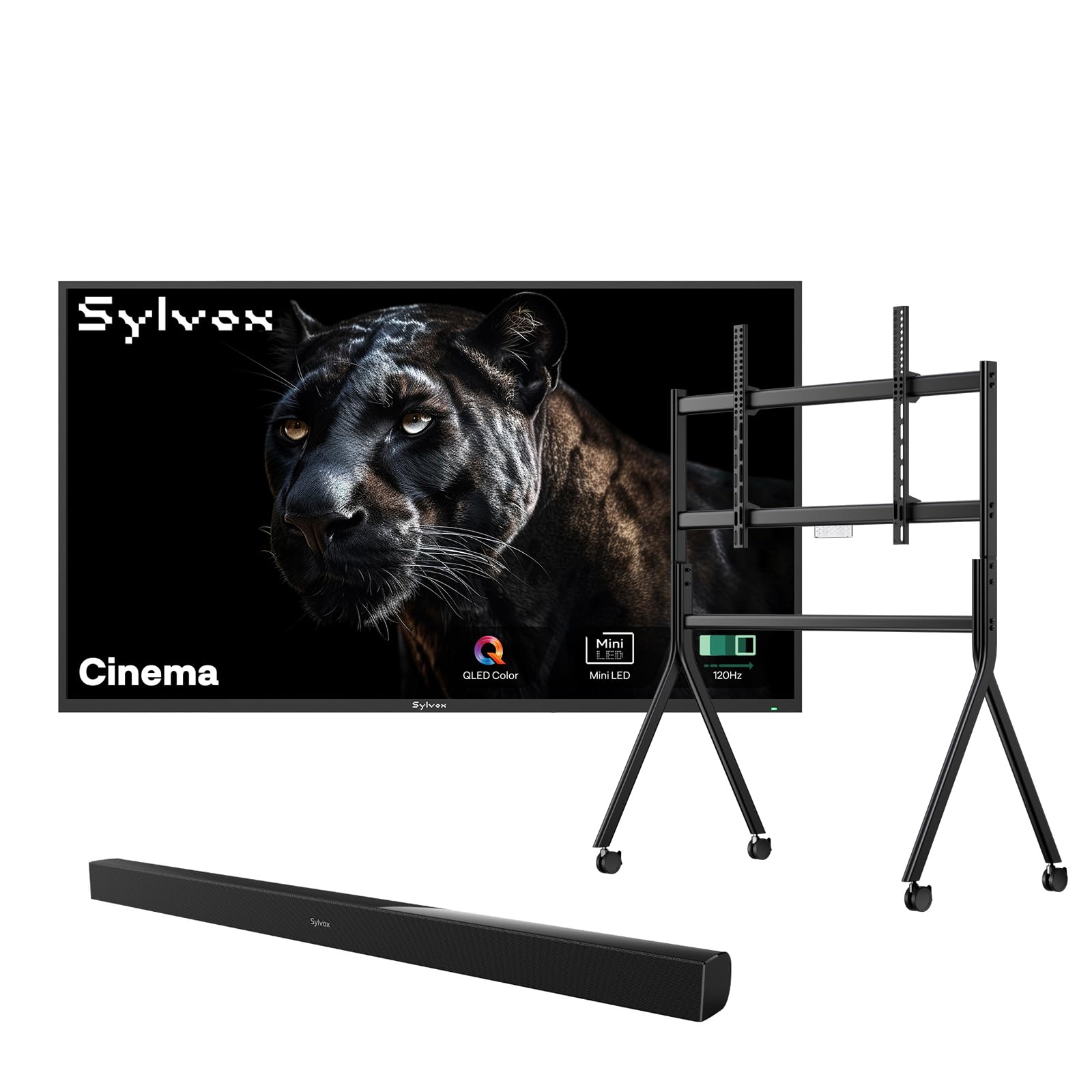 SYLVOX 65 inch Outdoor Mini-LED QLED TV with Rolling Stand & Soundbar, 4K UHD, 2000 Nits Full Sun, Anti-Glare Screen, 120Hz, IP56 Waterproof, Dual 30W Dolby Atmos Speaks (Cinema/2025)