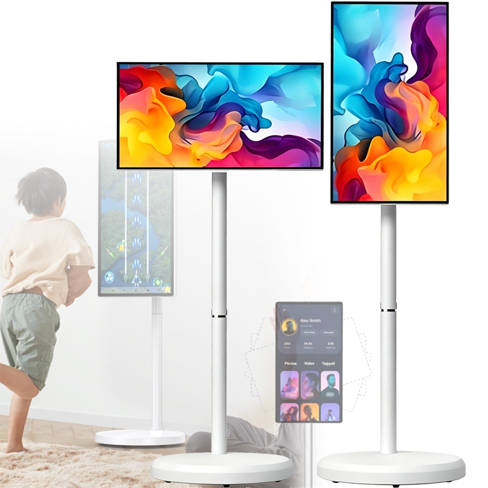32" Smart Portable Tablet TV on Wheels, 1080P Touchscreen Monitor, Android OS, 4K Camera, Full Swivel Rolling Stand, Built-in Battery, Ideal for Home & Office (8GB+128GB)
