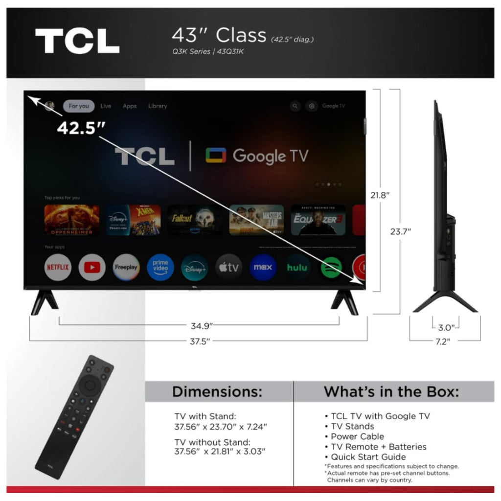 TCL 43-Inch Q3K FHD QLED Google Smart TV - Renewed