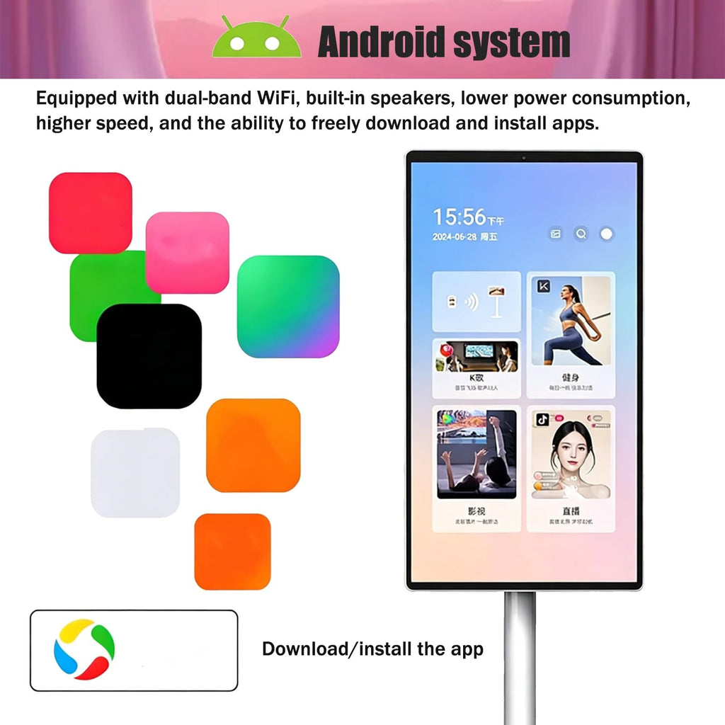 32" Smart Portable Tablet TV on Wheels, 1080P Touchscreen Monitor, Android OS, 4K Camera, Full Swivel Rolling Stand, Built-in Battery, Ideal for Home & Office (8GB+128GB)