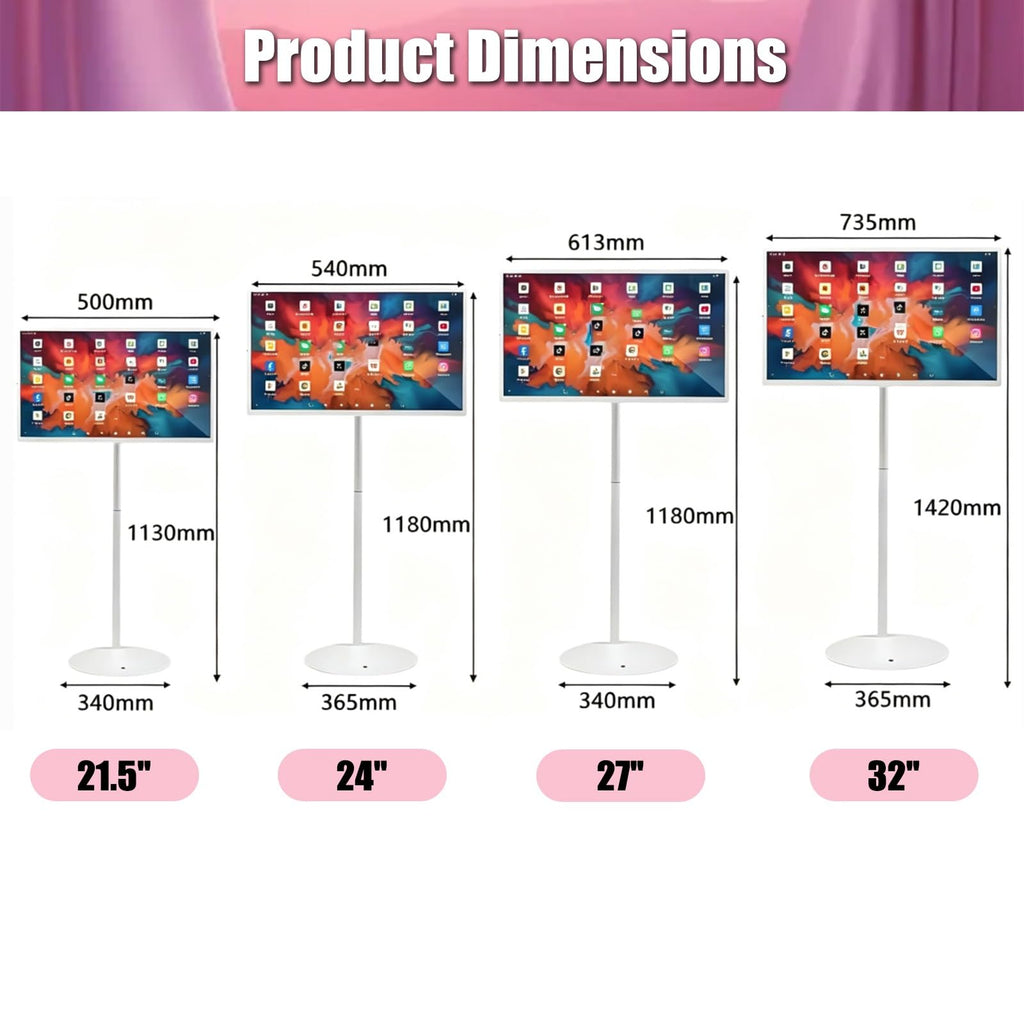 32" Smart Portable Tablet TV on Wheels, 1080P Touchscreen Monitor, Android OS, 4K Camera, Full Swivel Rolling Stand, Built-in Battery, Ideal for Home & Office (8GB+128GB)