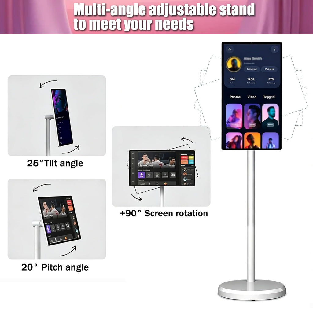 32" Smart Portable Tablet TV on Wheels, 1080P Touchscreen Monitor, Android OS, 4K Camera, Full Swivel Rolling Stand, Built-in Battery, Ideal for Home & Office (8GB+128GB)