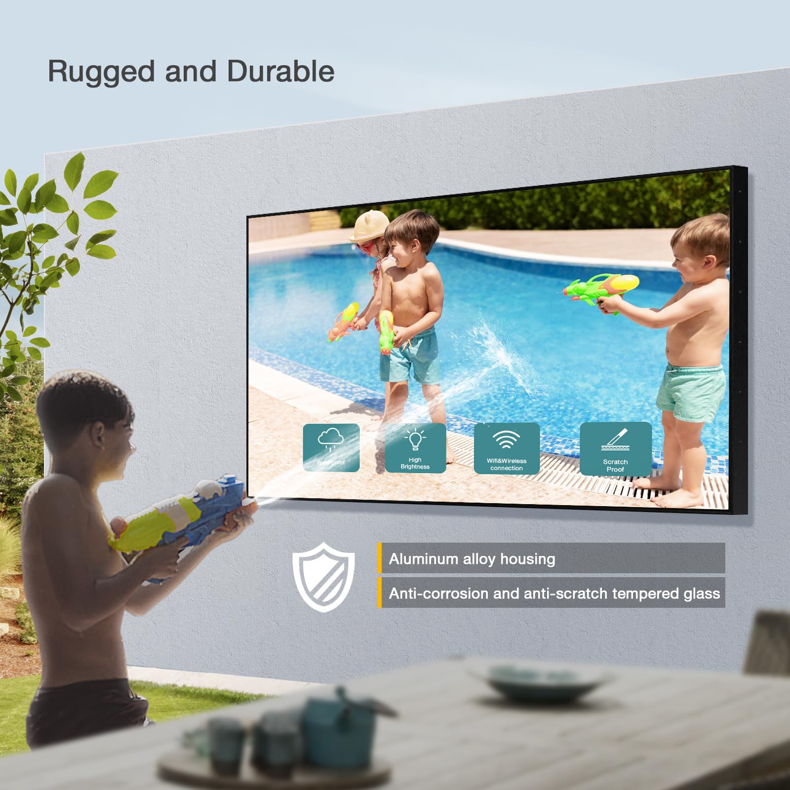 Outdoor TV 3000 nits Full Sun LCD Smart TV 4K UHD Outside Television IP55 Weatherproof Ultra-Thin High Brightness All-Weather Wide Viewing Angle Commercial Grade Television
