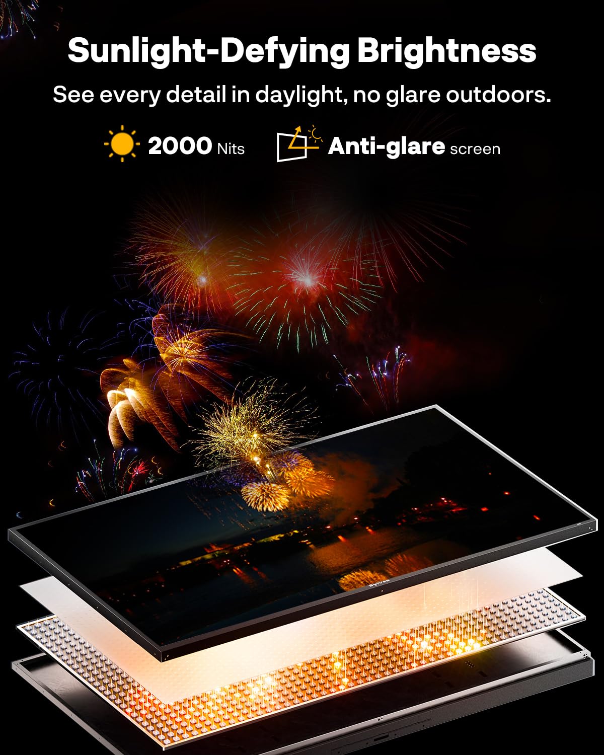 SYLVOX 65 inch Outdoor Mini-LED QLED TV with Rolling Stand & Soundbar, 4K UHD, 2000 Nits Full Sun, Anti-Glare Screen, 120Hz, IP56 Waterproof, Dual 30W Dolby Atmos Speaks (Cinema/2025)