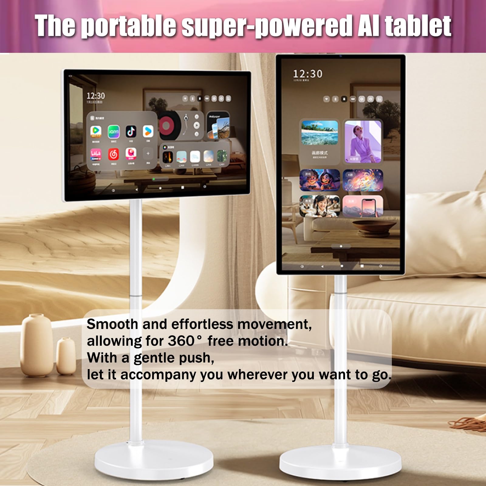 32" Smart Portable Tablet TV on Wheels, 1080P Touchscreen Monitor, Android OS, 4K Camera, Full Swivel Rolling Stand, Built-in Battery, Ideal for Home & Office (8GB+128GB)
