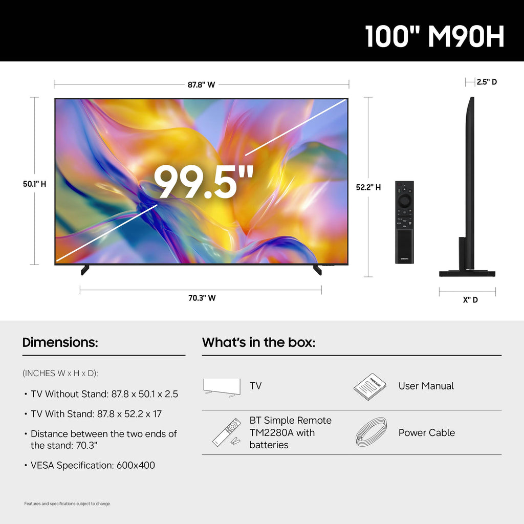 Samsung 100” Class M90H Series, Mini LED, 4K, Samsung Vision AI, Smart Tizen TV, 2026 (UN100M90HFXZA) (Renewed)