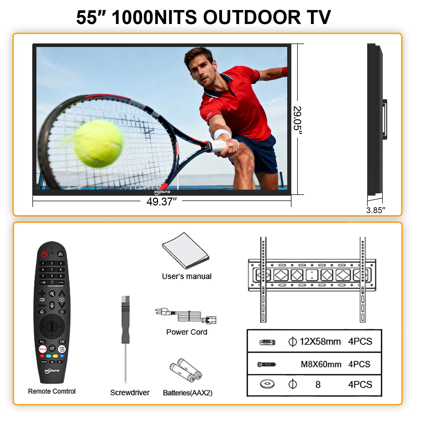360SPB Outdoor TV, 4K Outdoor Smart TV, 1000nits High Brightness Outdoor TVs, IP65 Waterproof TV, Voice Assistant Remote, Compatible with Dolby, Wide Viewing Angle Smart TV