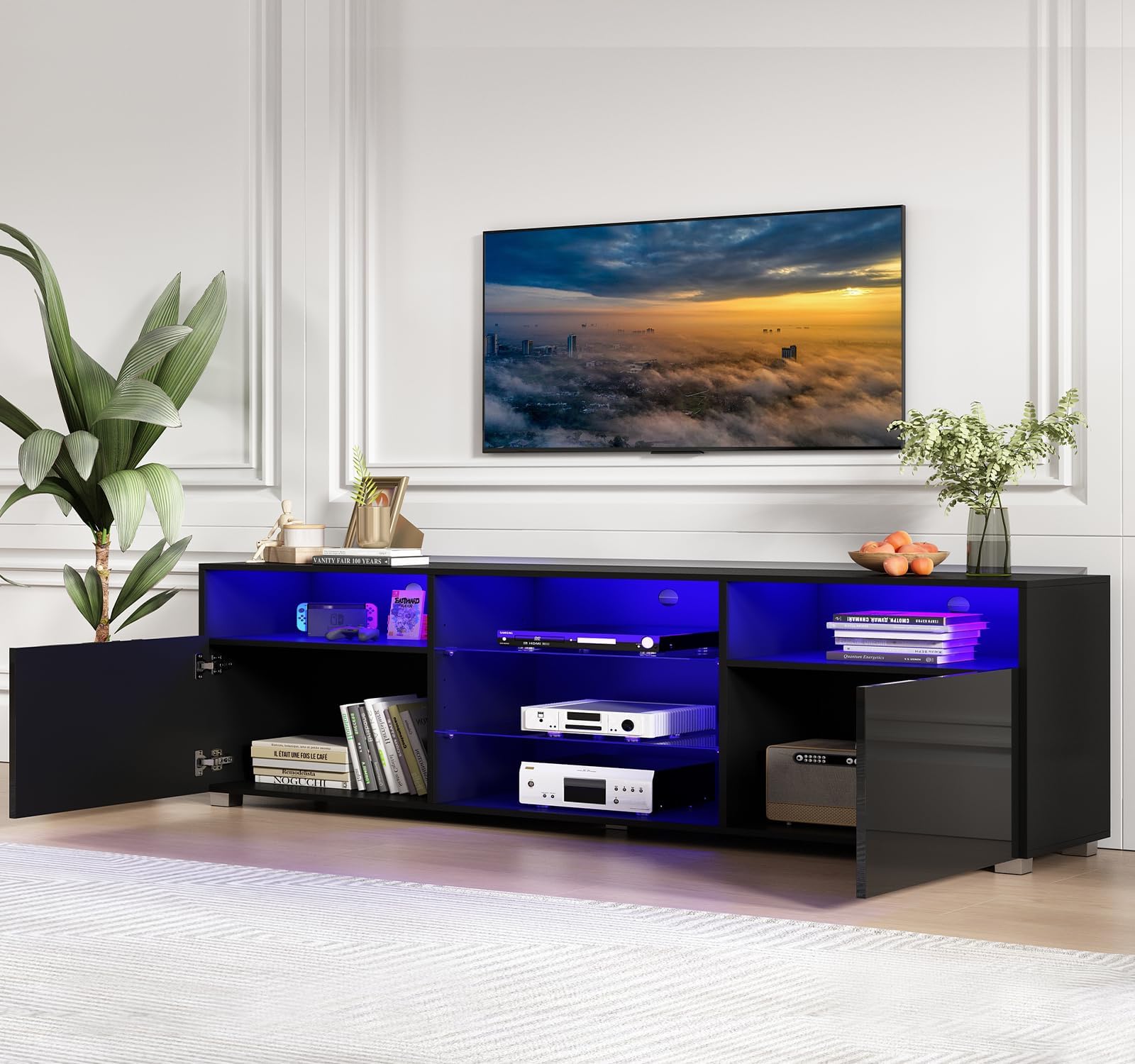 Hlivelood 80.7-Inch High Gloss TV Stand with Storage