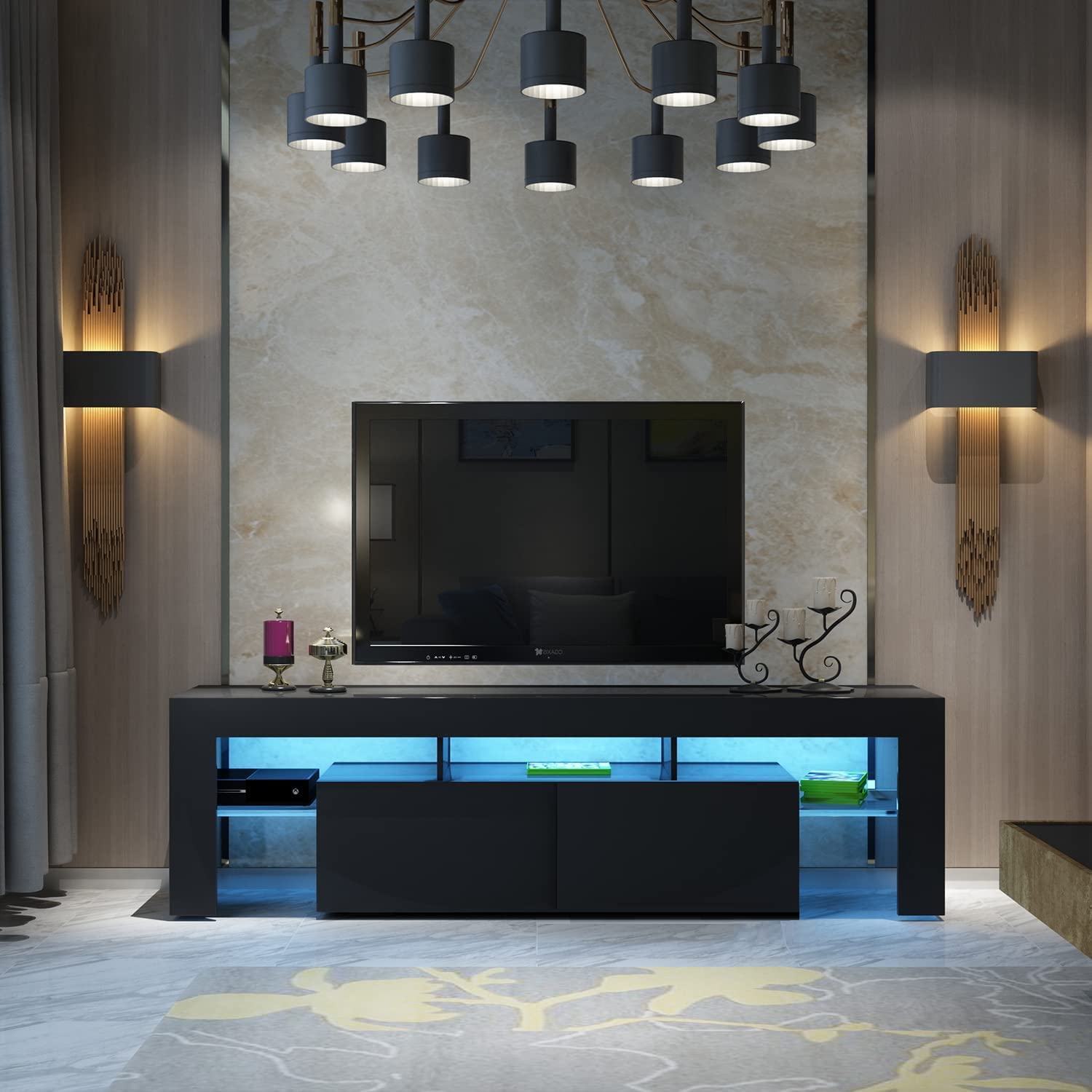 CFTEL 60-75 Inch Gloss Wood TV Stand with LED Storage