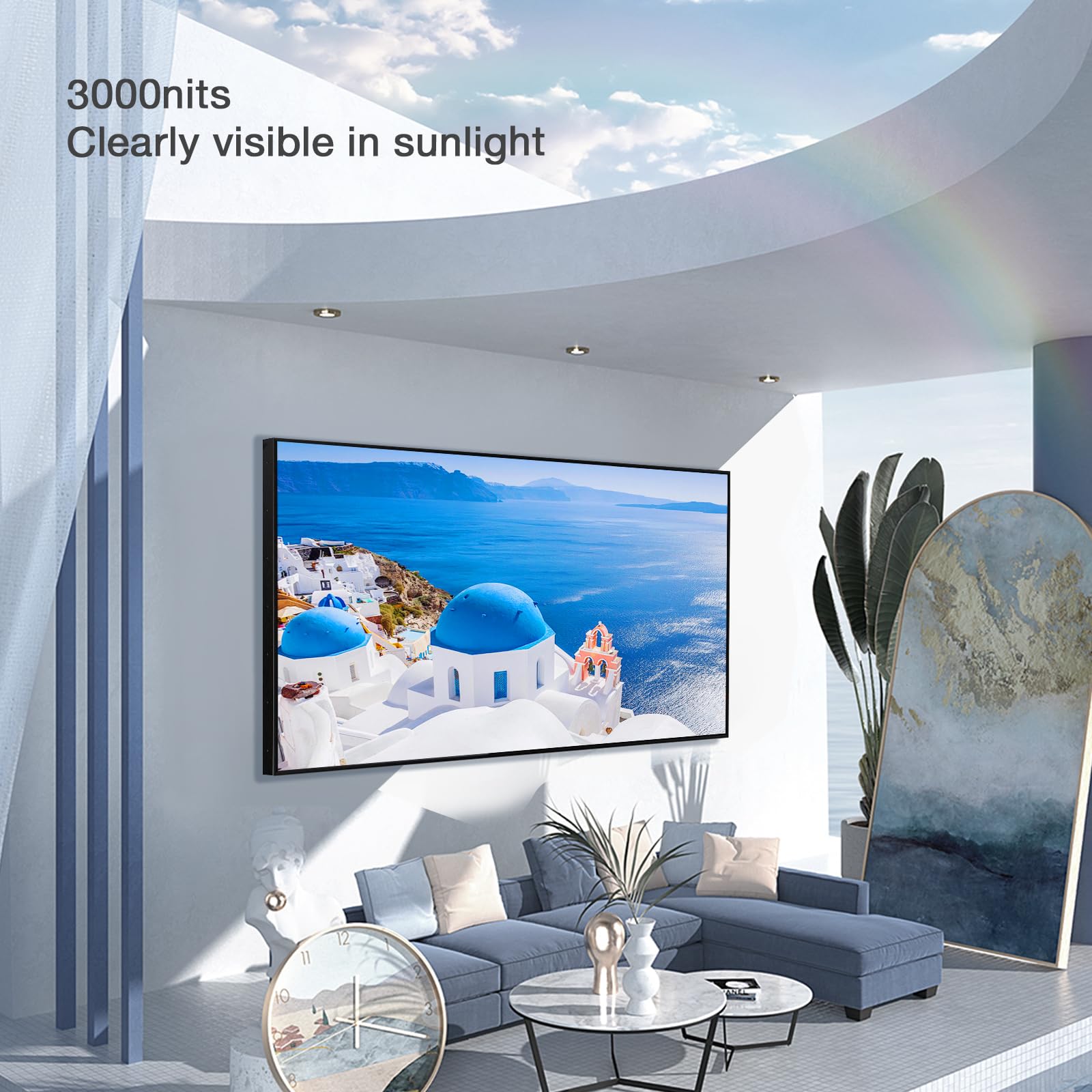 Outdoor TV 3000 nits Full Sun LCD Smart TV 4K UHD Outside Television IP55 Weatherproof Ultra-Thin High Brightness All-Weather Wide Viewing Angle Commercial Grade Television