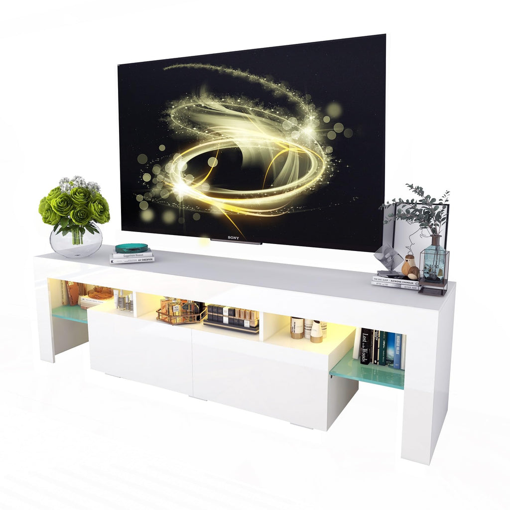 CFTEL 60-75 Inch Gloss Wood TV Stand with LED Storage