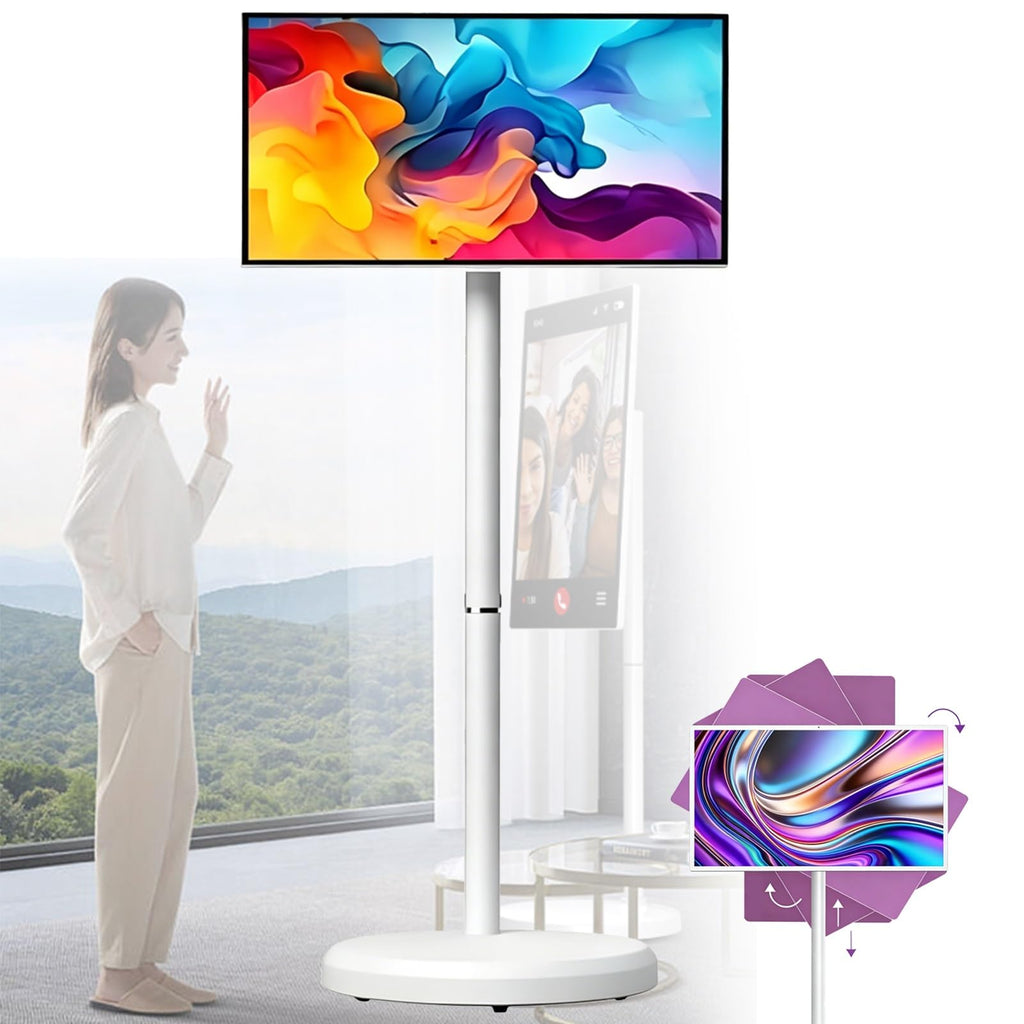 Touchsn 27" Portable Smart TV - Rotatable Outdoor TV with 1P Camera, Adjustable Floor Stand for Indoor/Outdoor Movies, Video Calls & Gaming, 8GB+128GB Storage