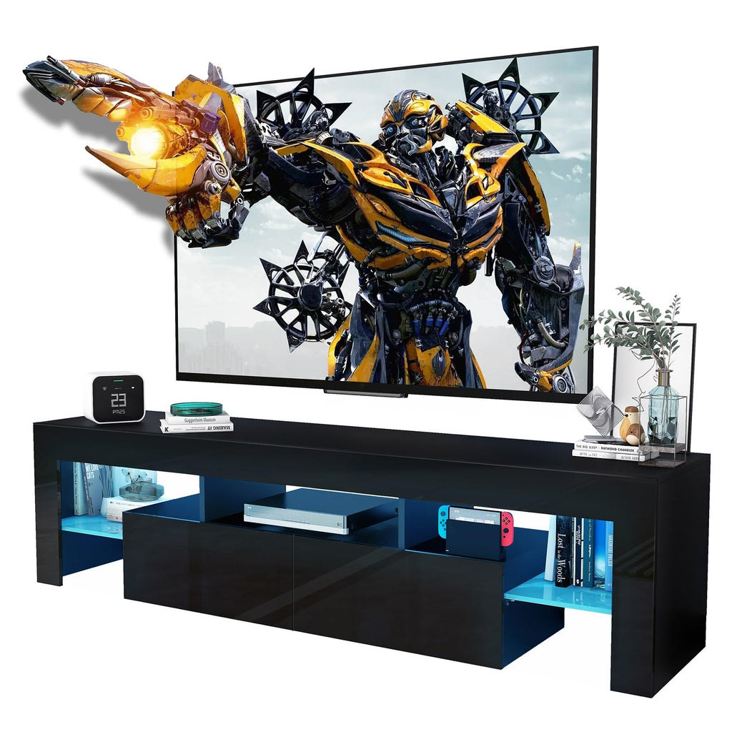 CFTEL 60-75 Inch Gloss Wood TV Stand with LED Storage