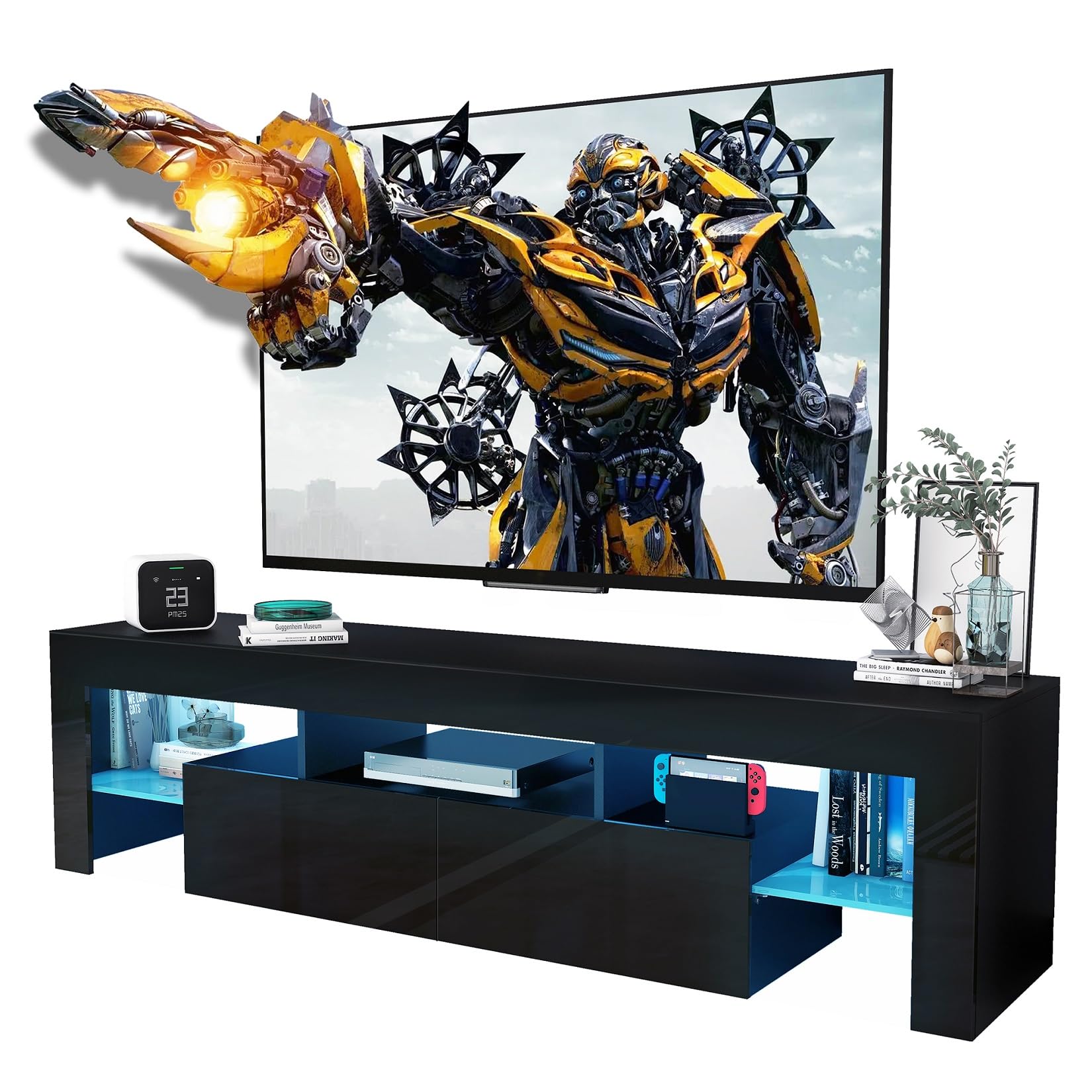 CFTEL 60-75 Inch Gloss Wood TV Stand with LED Storage