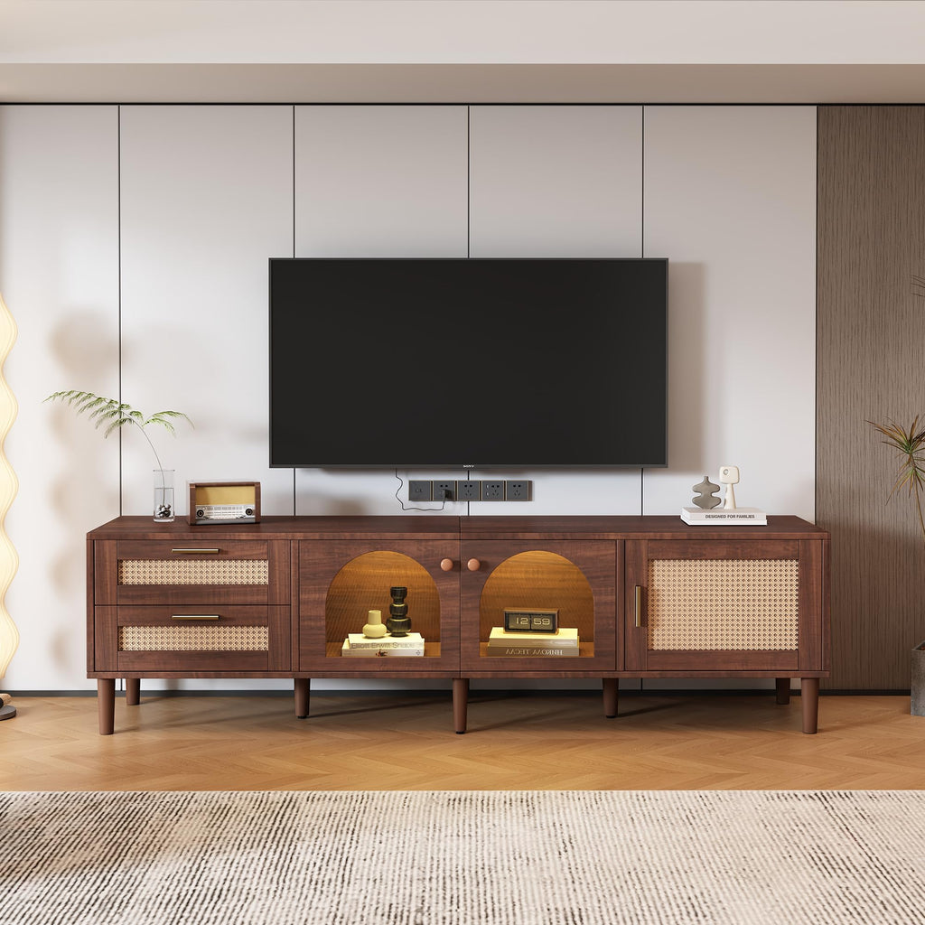 CFTEL 60-75 Inch Gloss Wood TV Stand with LED Storage