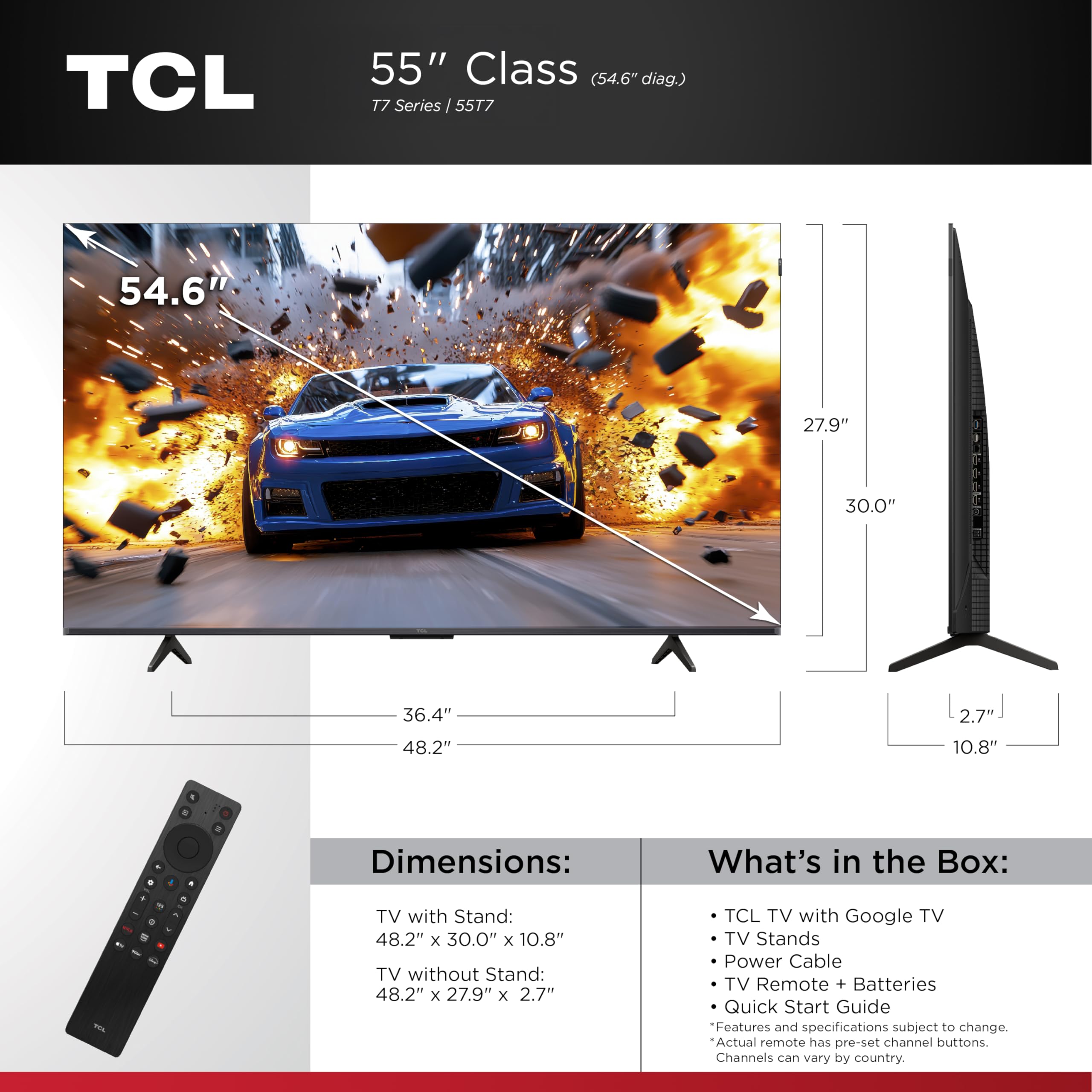 TCL Class T7 Series | 4K QLED HDR | 2025 Model | 120HZ-144HZ High Brightness Smart Google TV Dolby Atmos Audio | Voice Remote Alexa Gaming Streaming Television