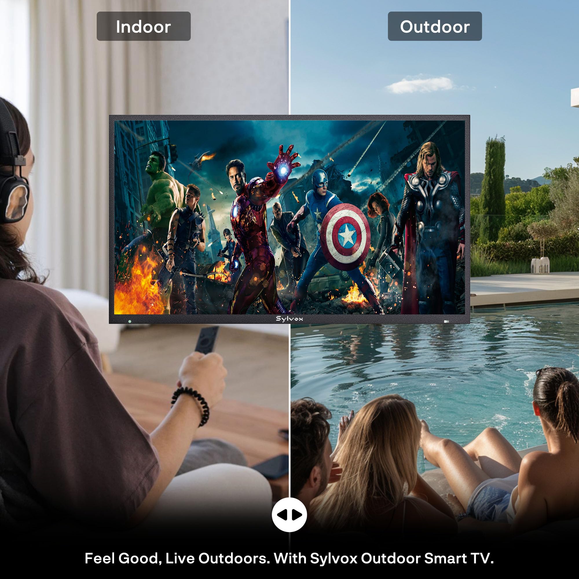 SYLVOX 43" Outdoor TV with Soundbar, 2000 Nits Full Sun Outdoor TV for Outdoor Living Spaces, 4K UHD HDR10, IP56 Weatherproof, Upgraded Matte Anti‑Glare Screen, Dolby Atmos, Smart Google TV