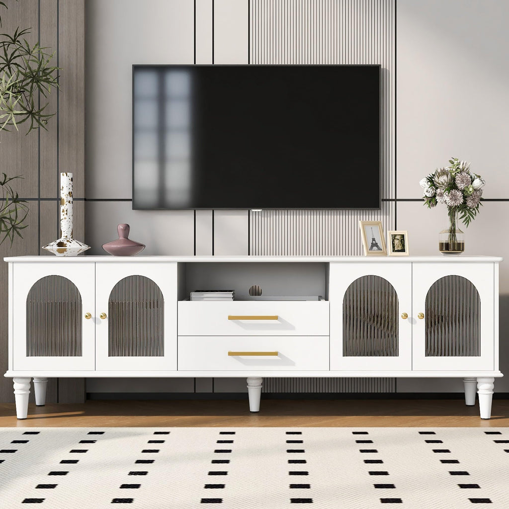 CFTEL 60-75 Inch Gloss Wood TV Stand with LED Storage