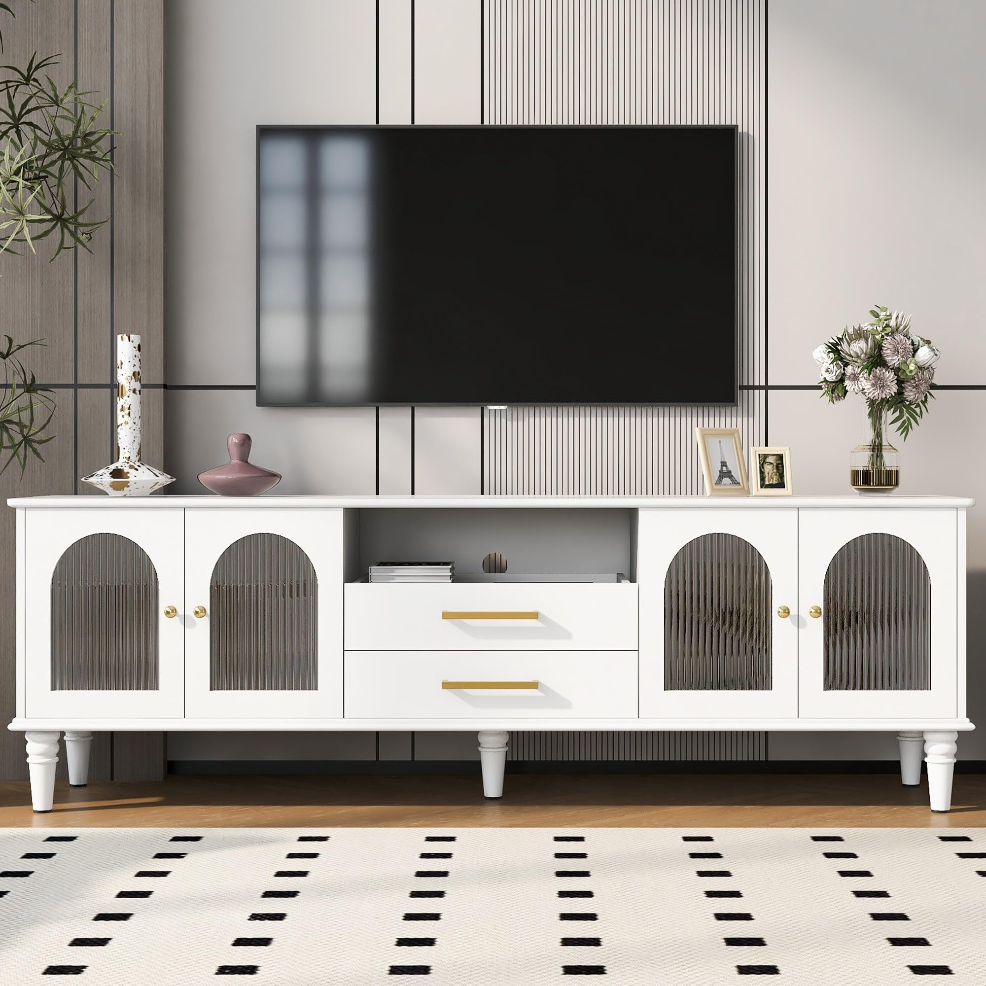 CFTEL 60-75 Inch Gloss Wood TV Stand with LED Storage