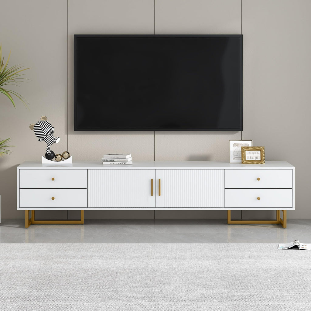 CFTEL 60-75 Inch Gloss Wood TV Stand with LED Storage
