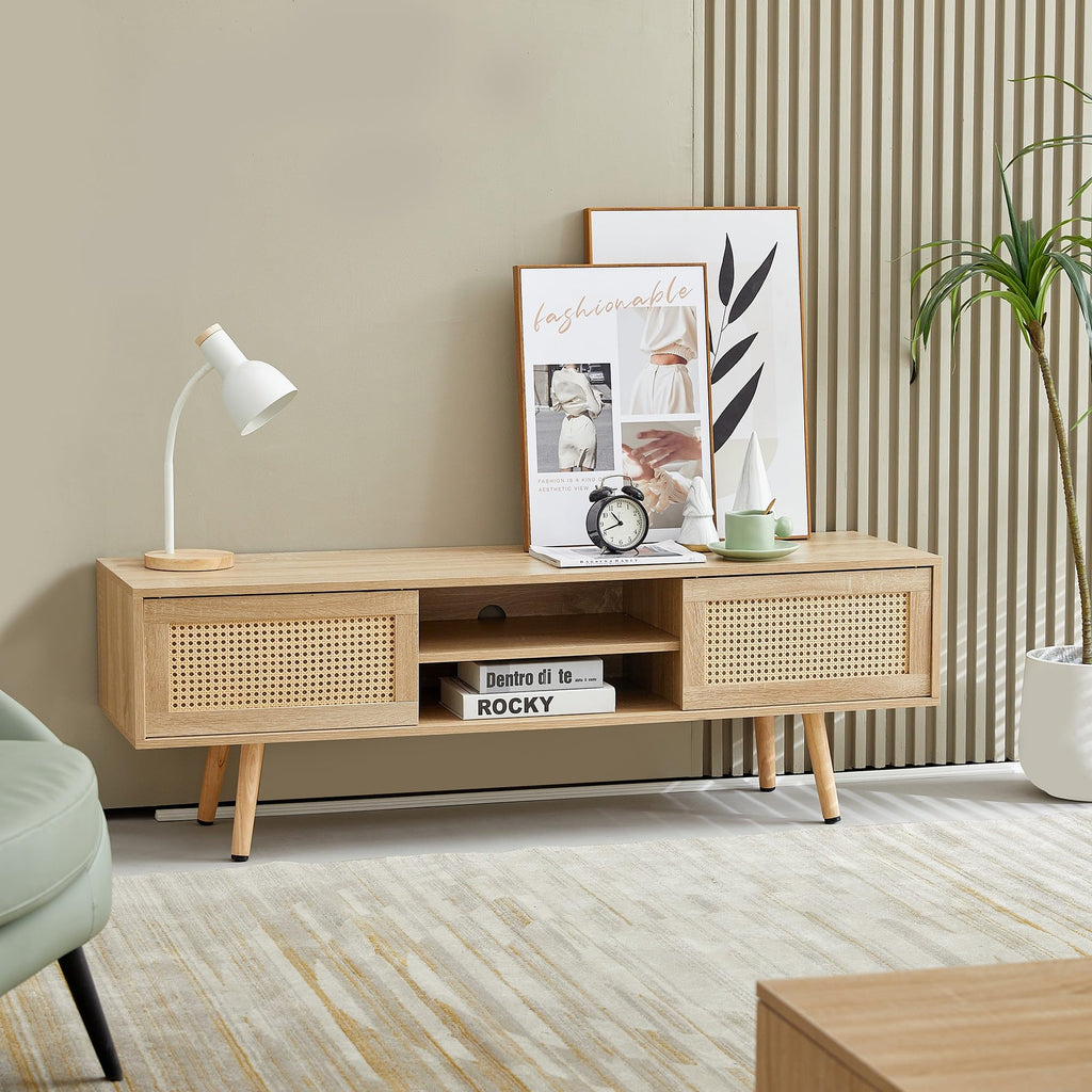 CFTEL 60-75 Inch Gloss Wood TV Stand with LED Storage