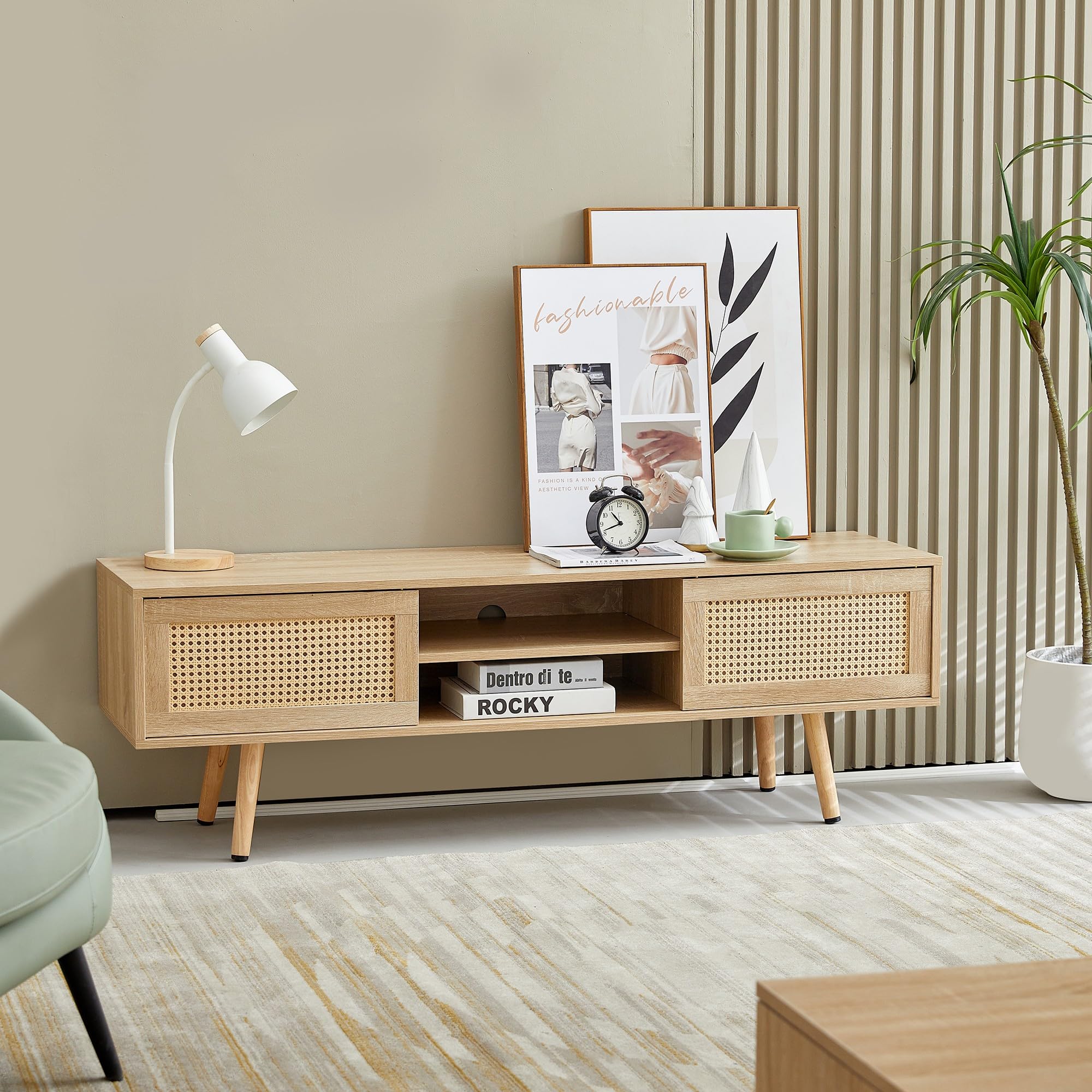 CFTEL 60-75 Inch Gloss Wood TV Stand with LED Storage