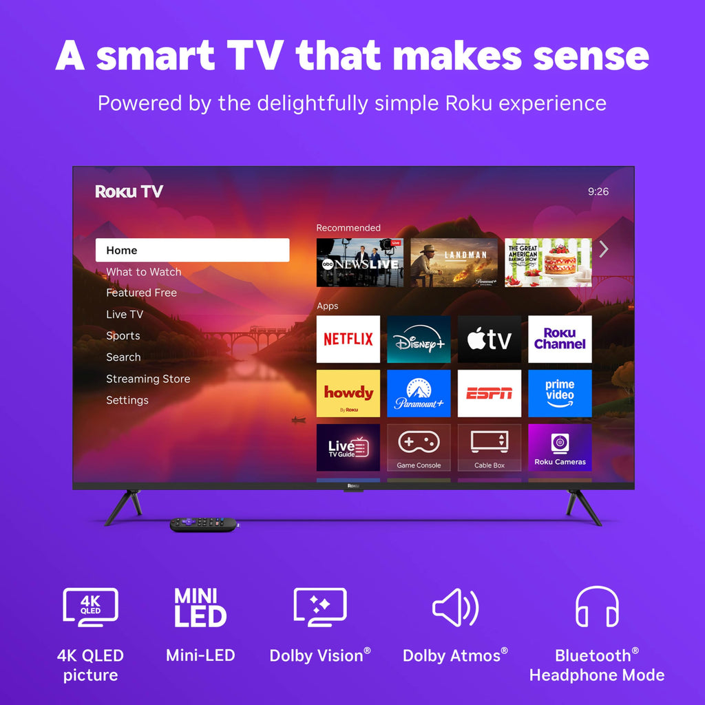 Roku Smart TV 2025 – Mini-LED TV – RokuTV with Enhanced Voice Remote – Flat Screen 4K QLED Television with Dolby Vision & Wi-Fi for Streaming Live Local News, Sports