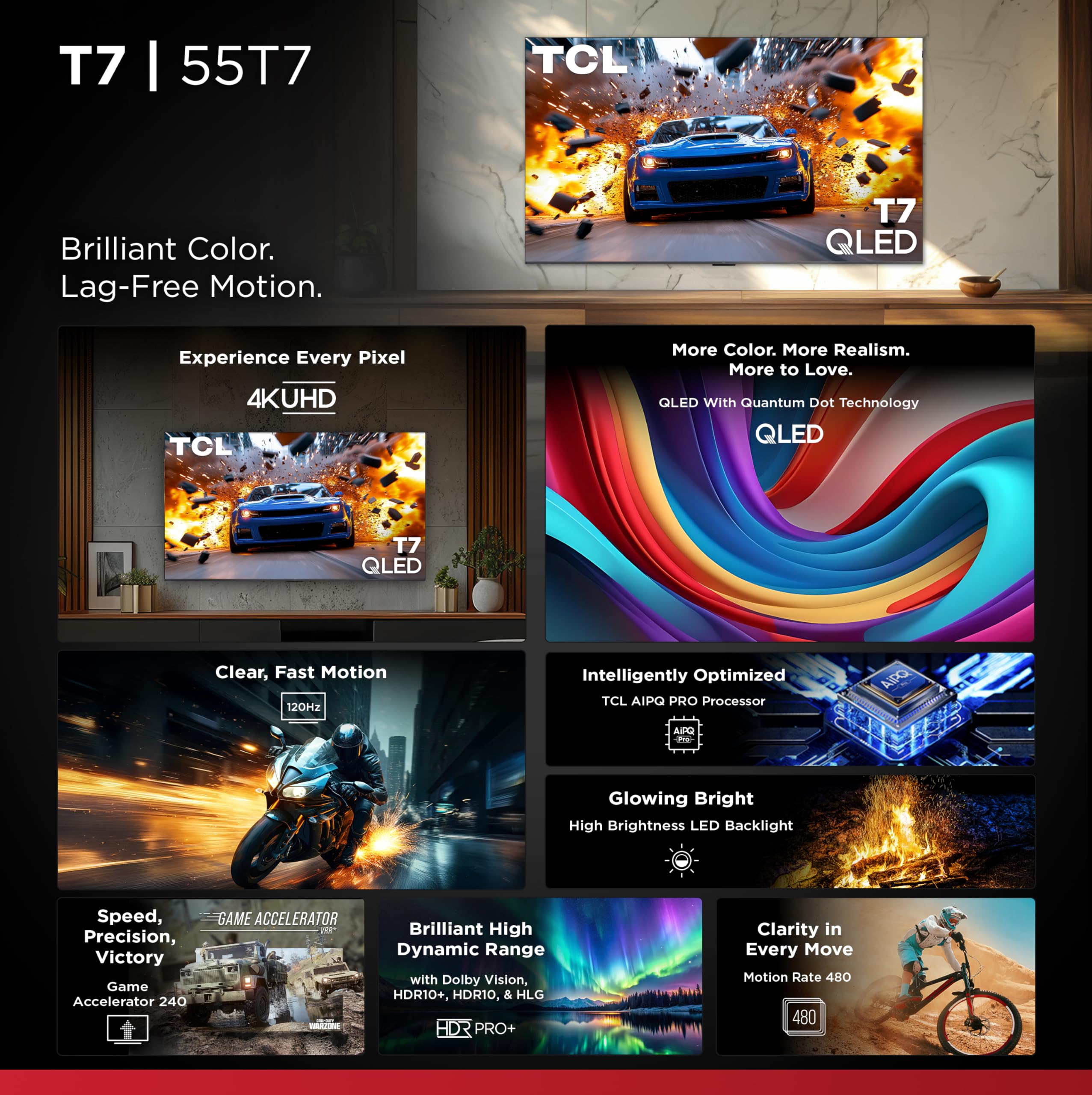TCL Class T7 Series | 4K QLED HDR | 2025 Model | 120HZ-144HZ High Brightness Smart Google TV Dolby Atmos Audio | Voice Remote Alexa Gaming Streaming Television